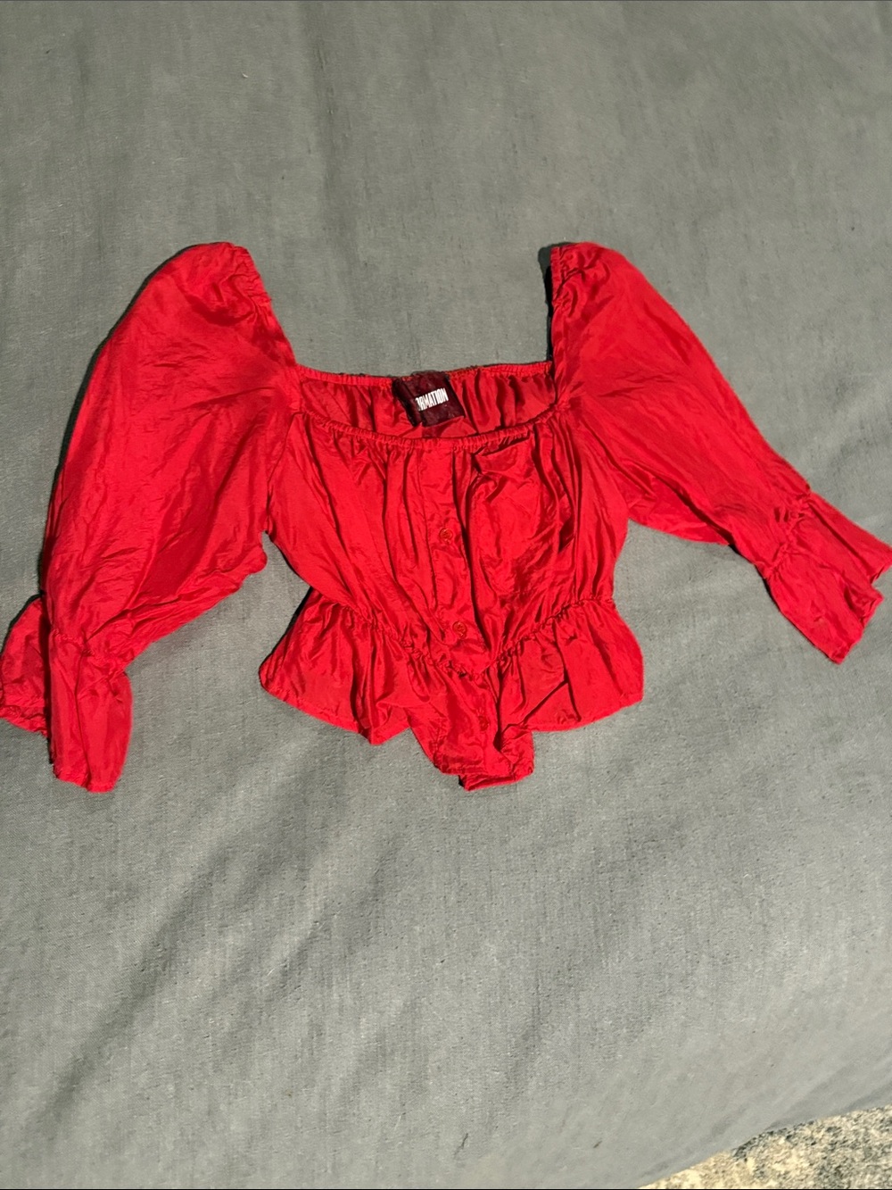 Reformation Red Peplum Puff-Sleeve Blouse
